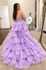 Lavender A-Line Tiered Ruffles Ball Gown with Applique