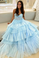 Red Tulle Sweetheart Tiered Long Prom Dress with Ruffles