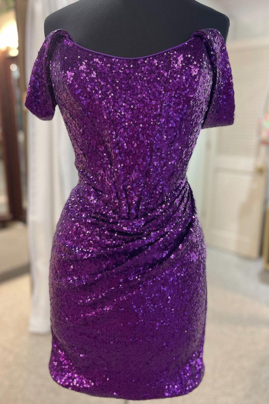 Magenta Sequin Off-the-Shoulder Ruched Cocktail Dress