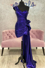 One Shoulder Ruched Party Dress with Attached Train