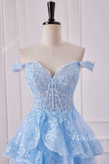 Off-the-Shoulder Light Blue Corset Ruffle Tiered Long Formal Dress