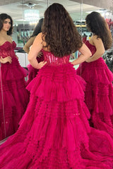 Red Tulle Sweetheart Tiered Long Prom Dress with Ruffles