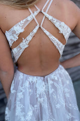 Ivory Tulle Lace Backless A-Line Long Prom Dress