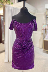 Magenta Sequin Off-the-Shoulder Ruched Cocktail Dress