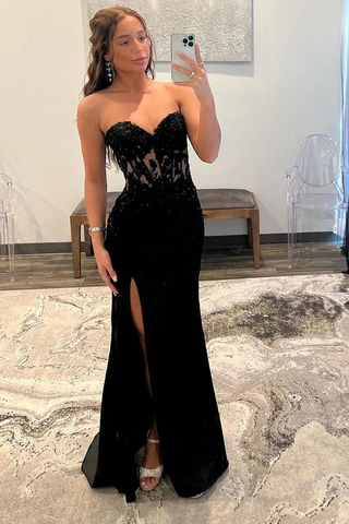 Applique Strapless Mermaid Black Long Prom Dress with Slit 