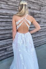 Ivory Tulle Lace Backless A-Line Long Prom Dress