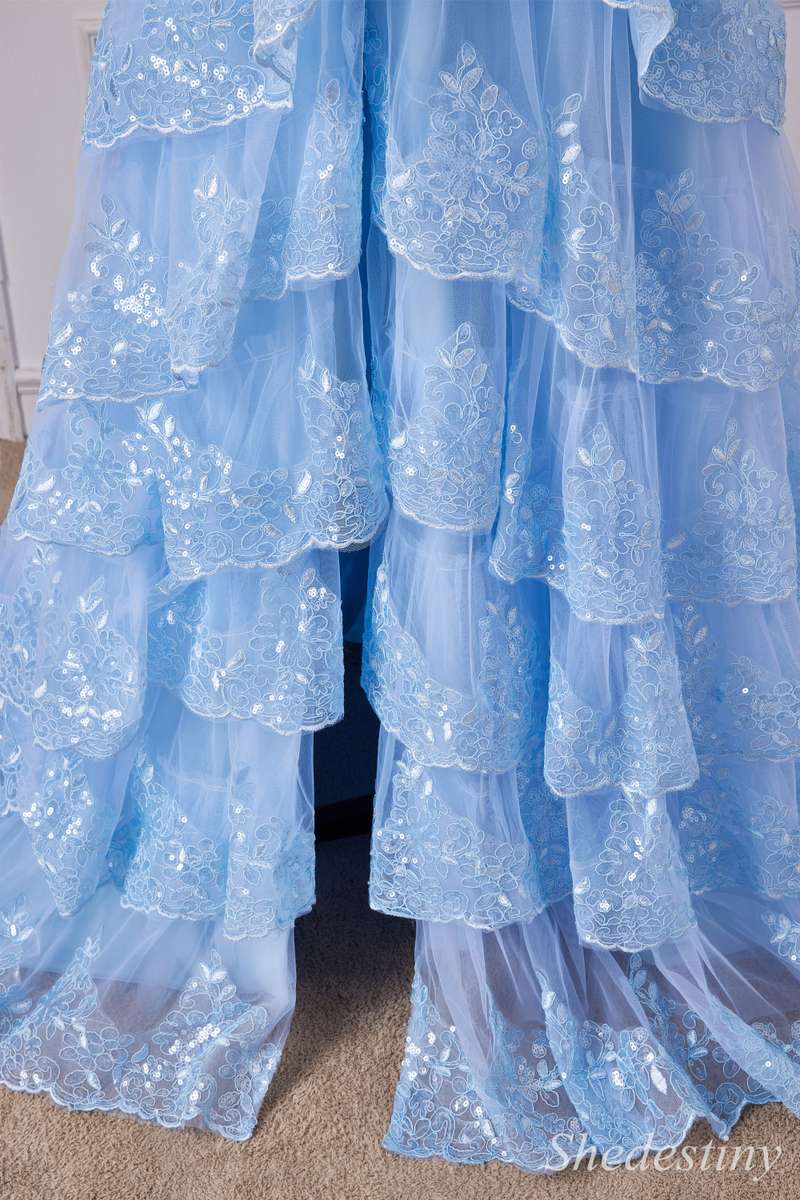 Off-the-Shoulder Light Blue Corset Ruffle Tiered Long Formal Dress