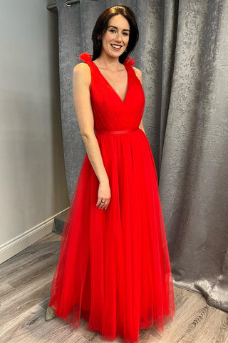 Red Tulle V-Neck A-Line Long Bridesmaid Dress