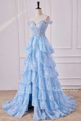 Off-the-Shoulder Light Blue Corset Ruffle Tiered Long Formal Dress