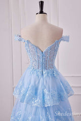 Off-the-Shoulder Light Blue Corset Ruffle Tiered Long Formal Dress