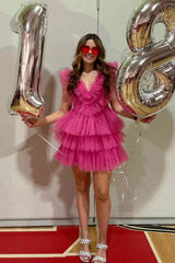 Pink V-Neck A-Line Ruffle Tulle Short Homecoming Dress