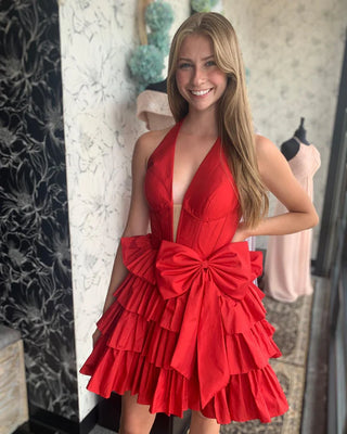 Cute Red Halter Neck Homecoming Dress with Bowknot