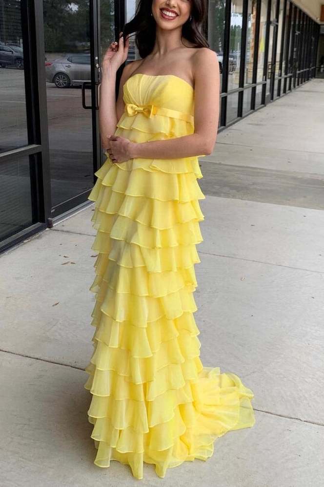 Yellow Strapless A Line Tiered Ruffles Long Formal Dress