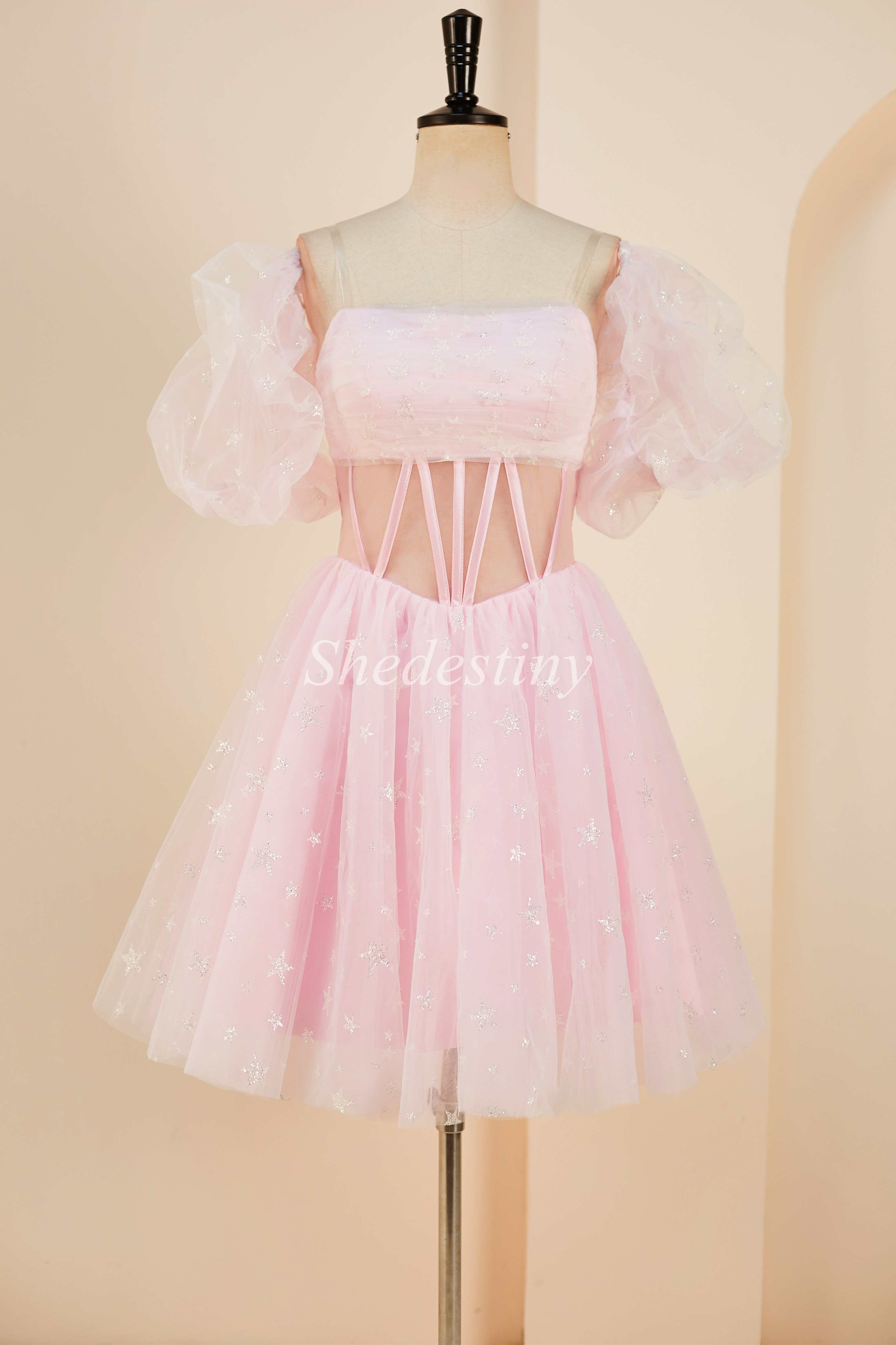 A-Line Pink Strapless Sheer Bodice Short Gown with Detachable Sleeves