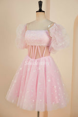 A-Line Pink Strapless Sheer Bodice Short Gown with Detachable Sleeves