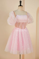 A-Line Pink Strapless Sheer Bodice Short Gown with Detachable Sleeves