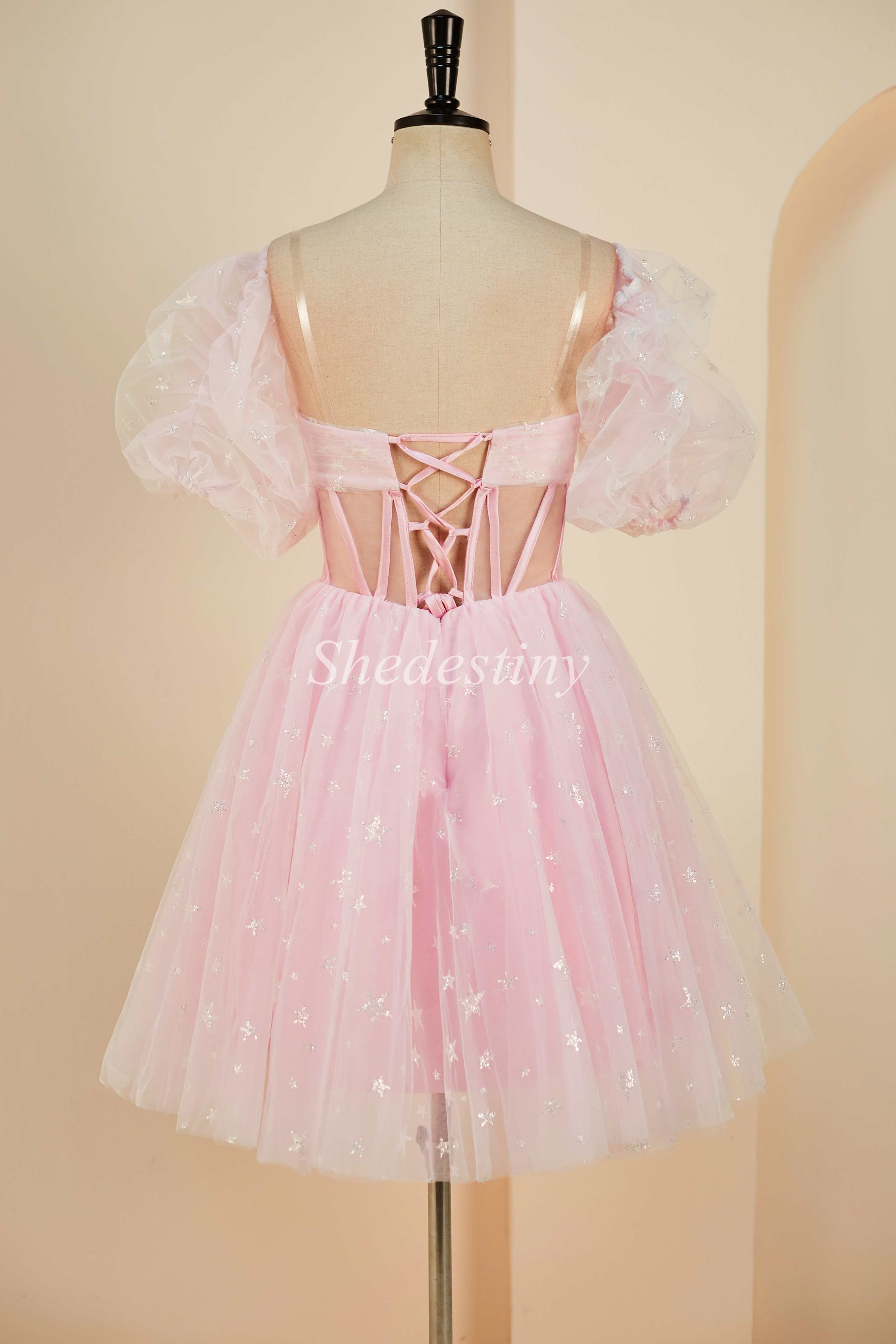 A-Line Pink Strapless Sheer Bodice Short Gown with Detachable Sleeves