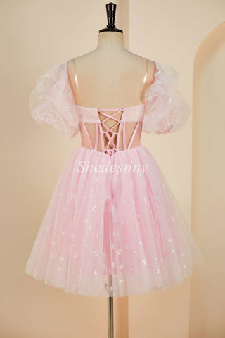 A-Line Pink Strapless Sheer Bodice Short Gown with Detachable Sleeves