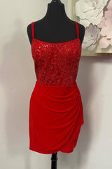 Red Sequins Bodycon Pleat Homecoming Dress