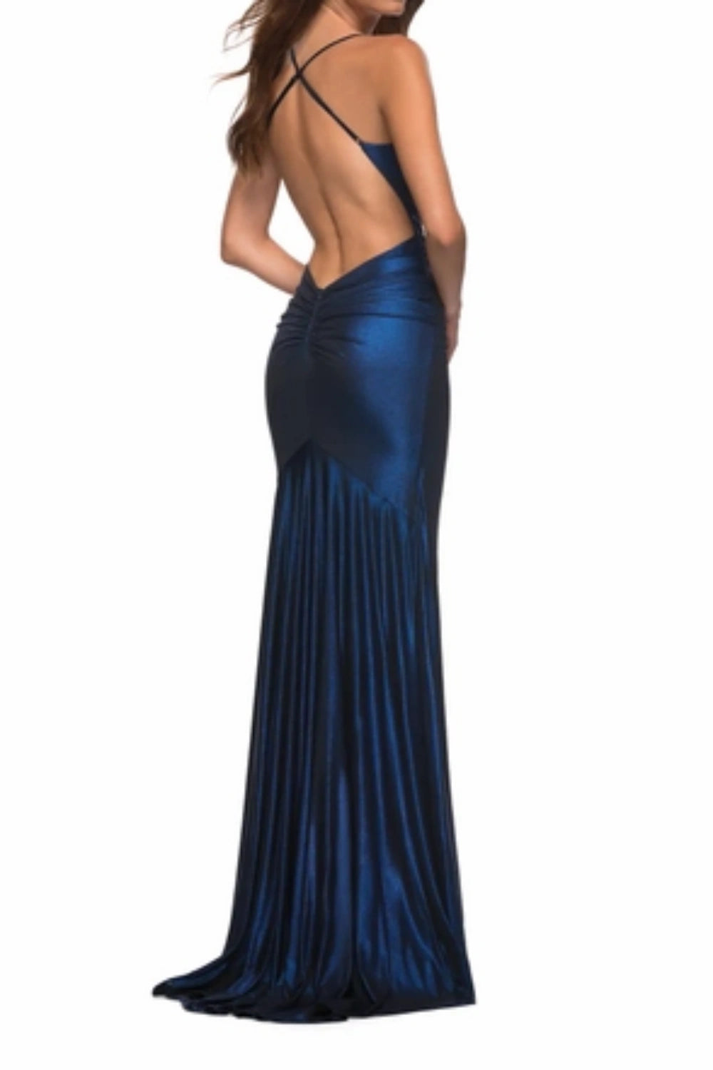 Sexy Dark Navy Mermaid V-Neck Prom Formal Dress with Open Back