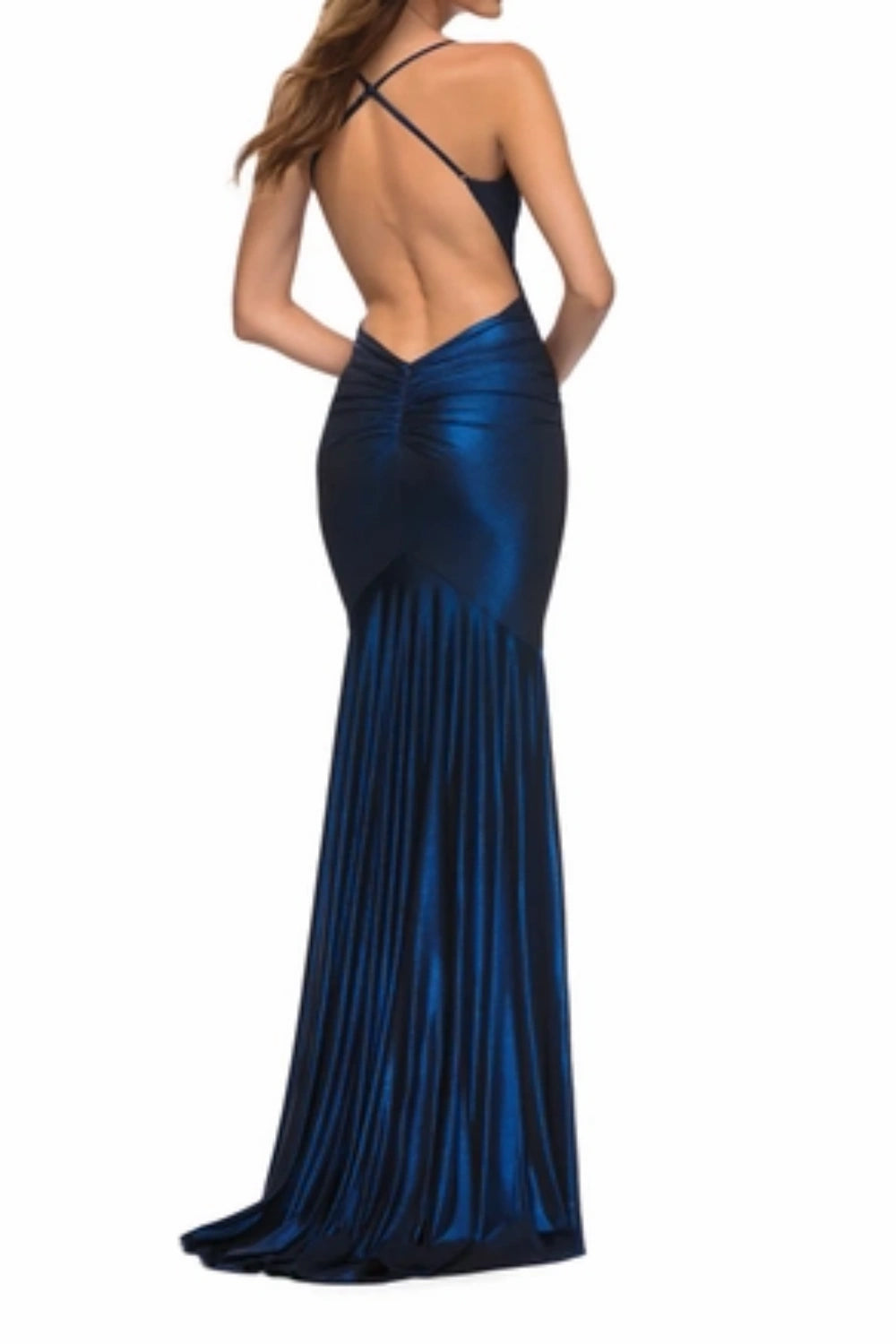 Sexy Dark Navy Mermaid V-Neck Prom Formal Dress with Open Back