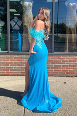 Blue Sequin Feather Straps Mermaid Prom Dress with Side Split 