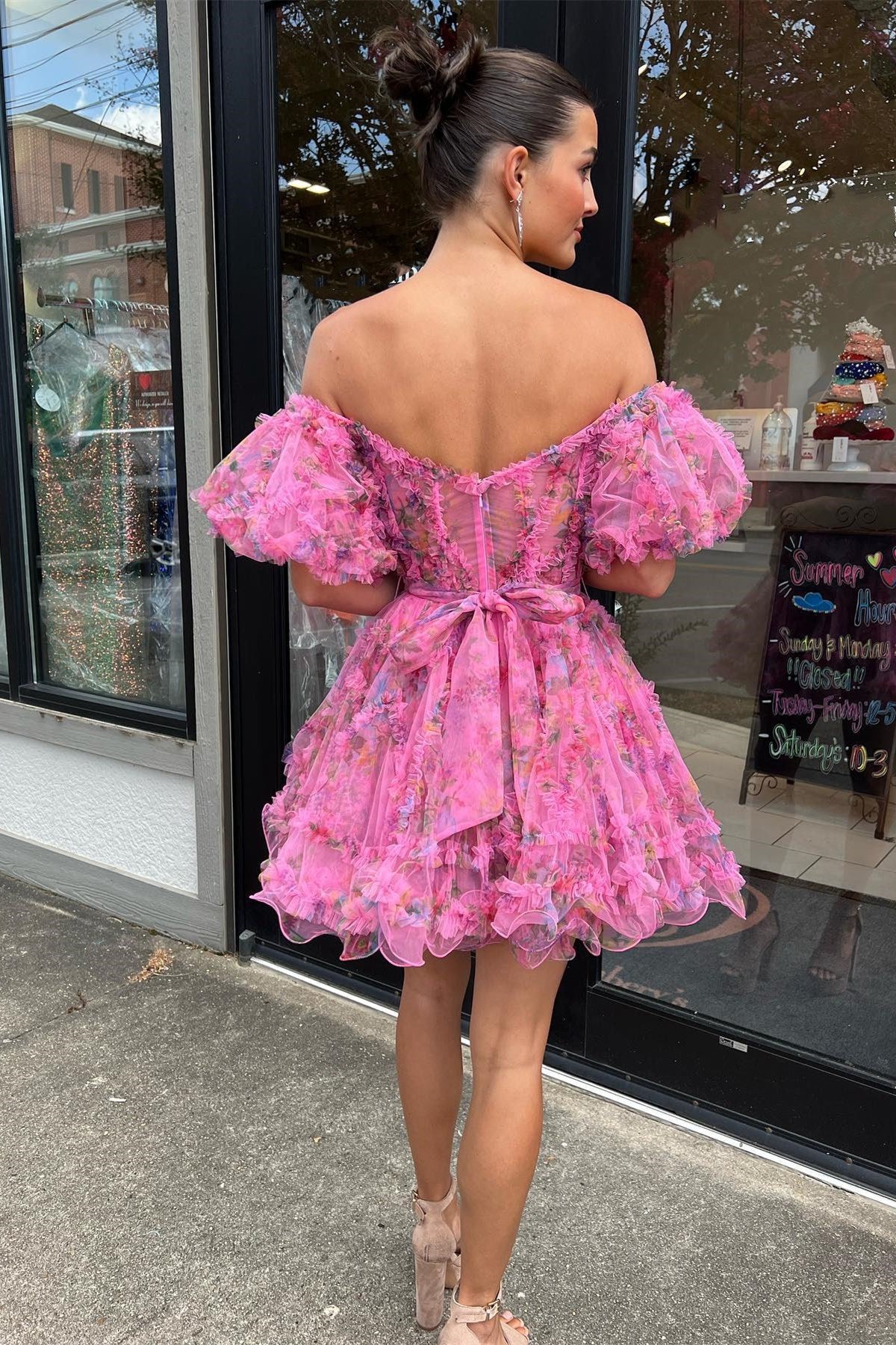Blush Print Off-the-Shoulder A-Line Short Dress with Ruffles