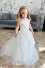 White Illusion Neck Appliques Tulle Long Flower Girl Dress