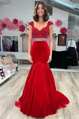 Red Velvet Queen Anne Neck Trumpet Long Gown with Rhinestones