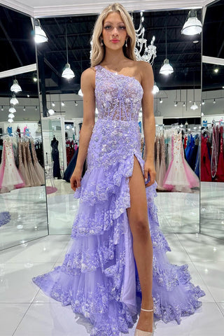 Light Blue Tulle Sequin-Embroidery One-Shoulder Tiered Long Prom Dress with Slit