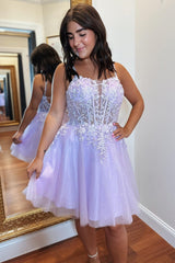 Blue Tulle Lace Split Neck A-Line Short Homecoming Dress