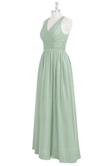 Dusty Sage Surplice Keyhole Chiffon Long Bridesmaid Dress