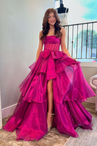 Fuchsia Strapless A-Line Princess Prom Dress with Slit