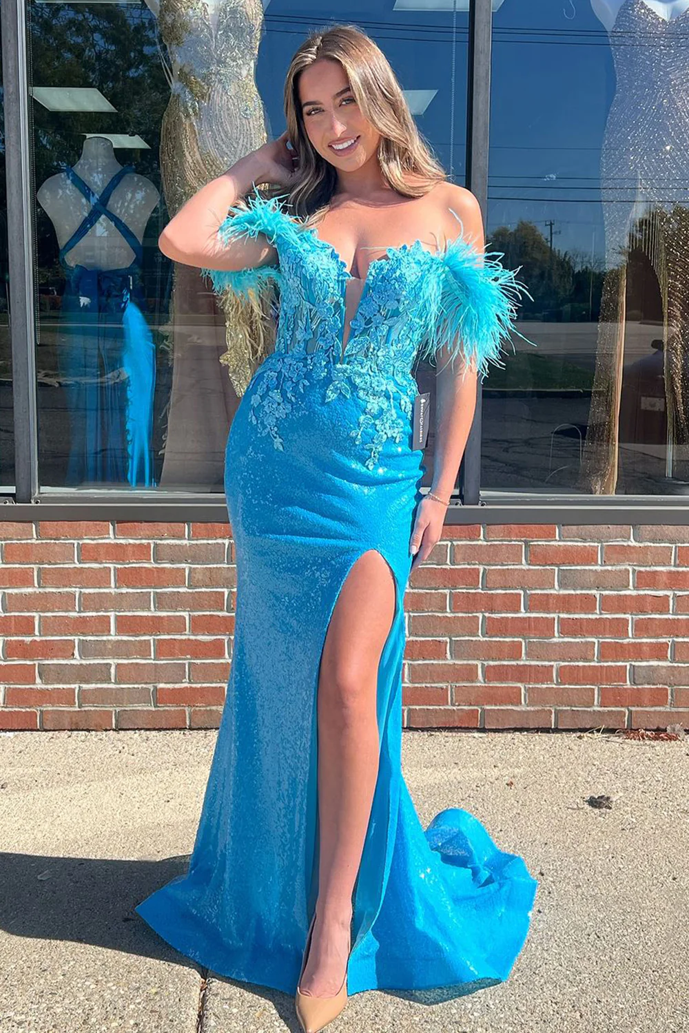 Feather Straps Mermaid Blue Sequin Prom Dress with Side Split 