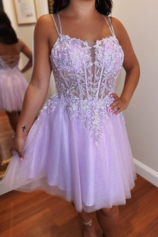 Blue Tulle Lace Split Neck A-Line Short Homecoming Dress