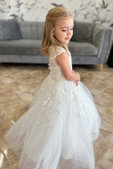 White Illusion Neck Appliques Tulle Long Flower Girl Dress