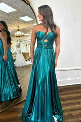 Jade Strapless Pleated Metallic Maxi Dress with Keyhole