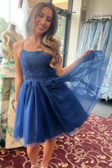 Navy Tulle Appliques Lace-Up Tutu Dress