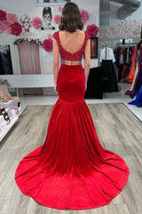 Red Velvet Queen Anne Neck Trumpet Long Gown with Rhinestones