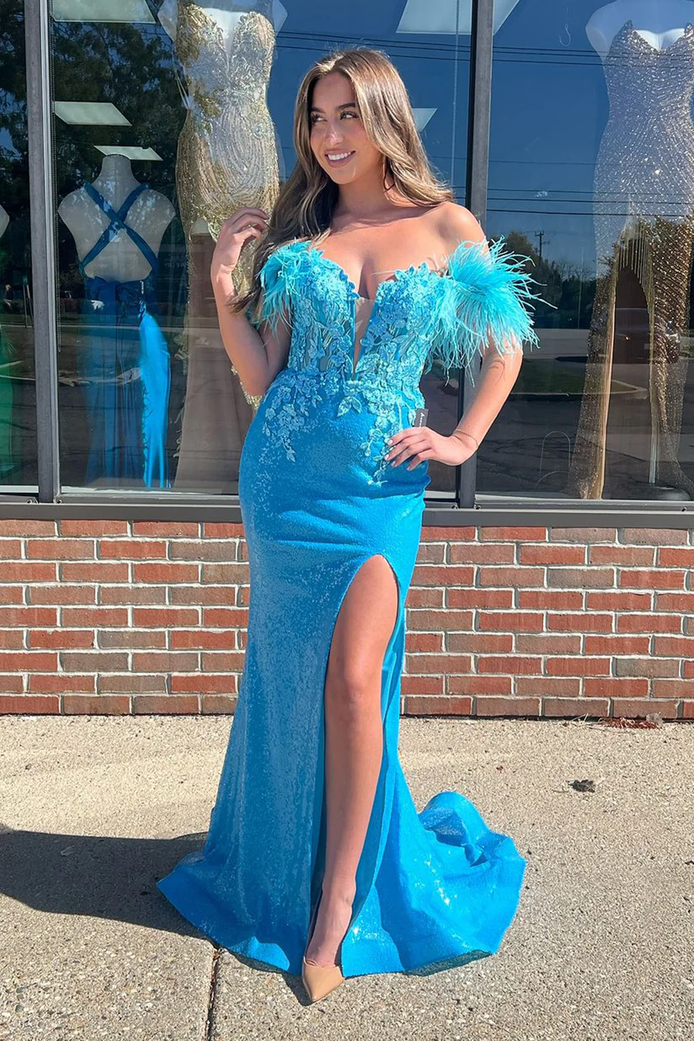 Mermaid Blue Feather Straps  Sequin Prom Dress with Side Split 