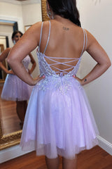 Blue Tulle Lace Split Neck A-Line Short Homecoming Dress