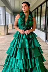 Red Halter Ruffle Tiered Long Prom Dress with Slit