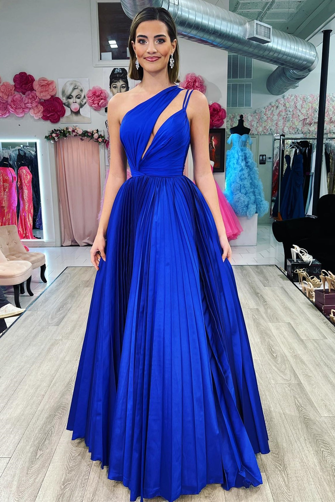 One-Shoulder Royal Blue Keyhole A-Line Long Prom Dress