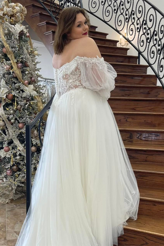 Ivory Off-the-Shoulder Appliques Illusion Sleeves Long Wedding Dress