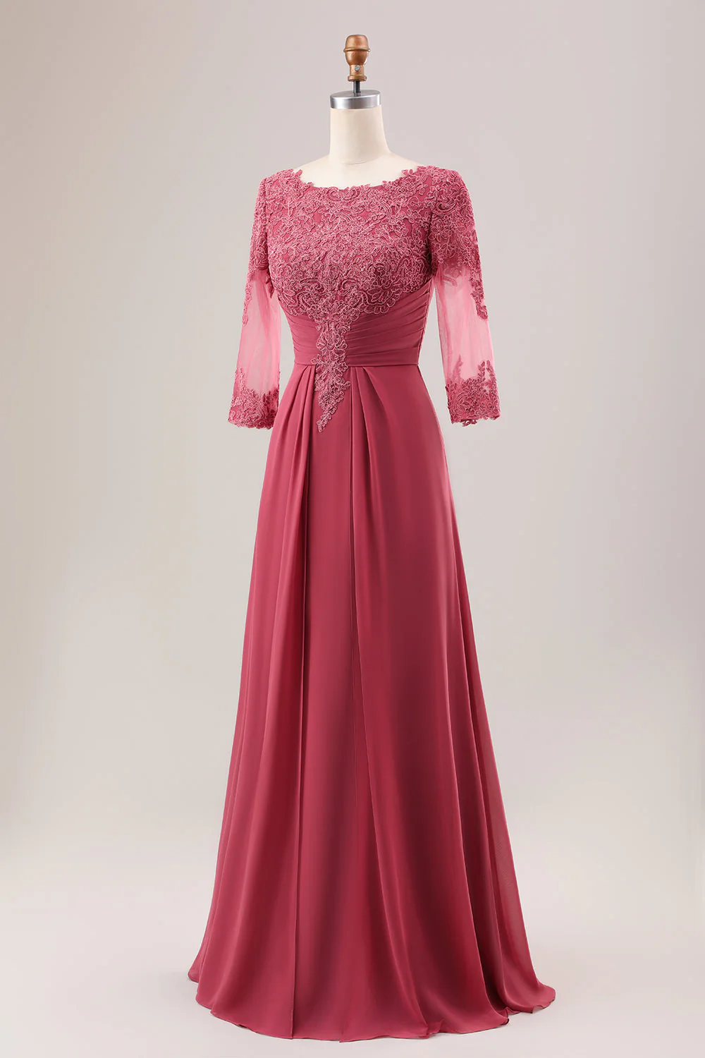 3/4 Sleeves A-Line Applique Pleated Coral Mother of the Bride Dress