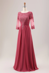 3/4 Sleeves A-Line Applique Pleated Coral Mother of the Bride Dress