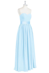 Light Blue Strapless Bow Tie Sash Chiffon Long Bridesmaid Dress with Slit