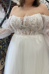 Ivory Off-the-Shoulder Appliques Illusion Sleeves Long Wedding Dress