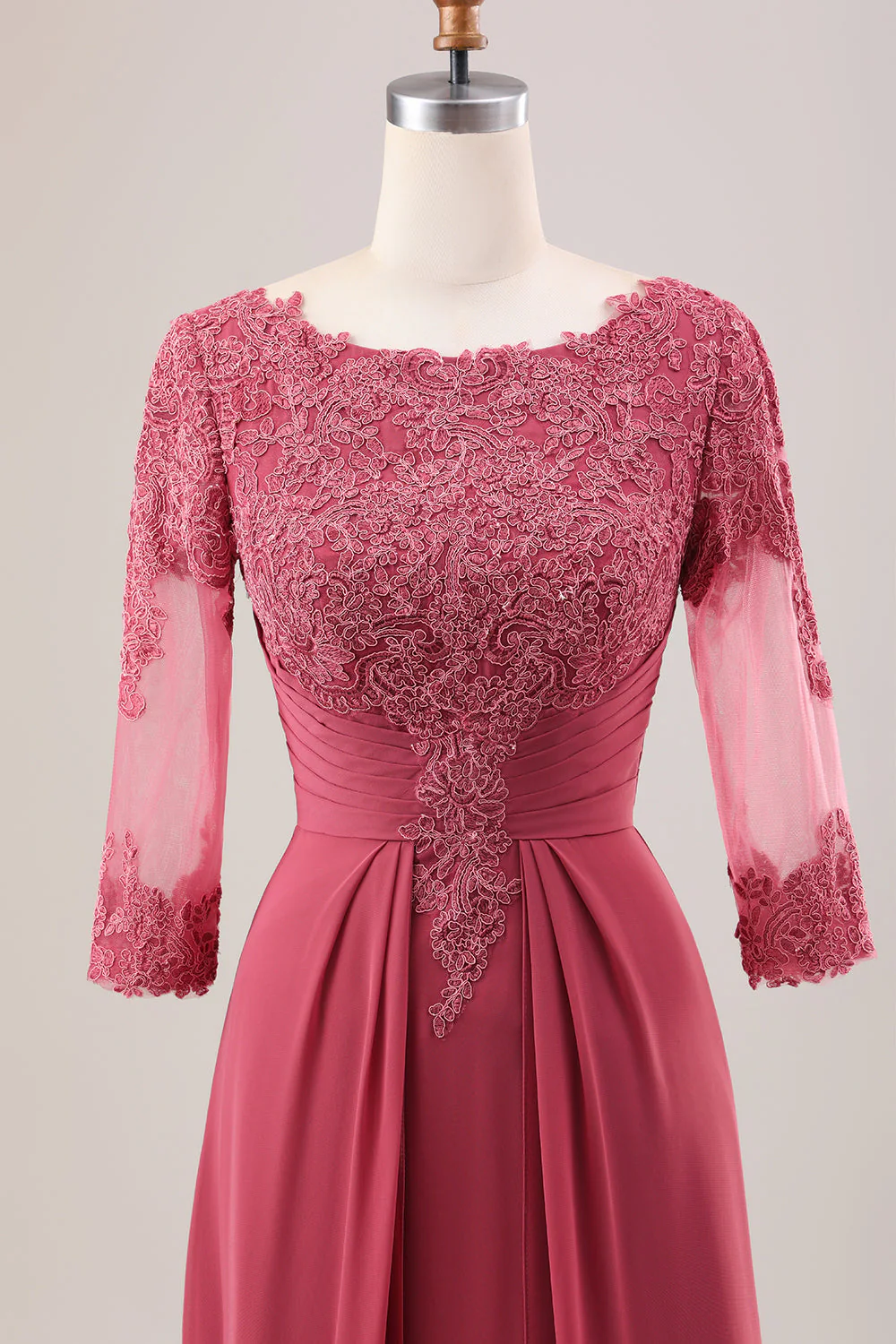 A-Line Applique Coral 3/4 Sleeves Pleated Mother of the Bride Dress