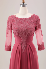 A-Line Applique Coral 3/4 Sleeves Pleated Mother of the Bride Dress
